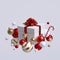 3d Christmas gift, white square box wrapped with red bow, glass balls, candy cane, golden stars. Levitating objects. Seasonal