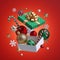 3d Christmas ornaments, glass balls falling out, open white wrapped box with golden ribbon bow. Winter holiday package. Levitating