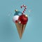 3d Christmas ornaments isolated on blue background. Ice cream metaphor. Glass balls, golden cone, crystal stars and candy cane