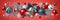 3d Christmas ornaments isolated on red background. Festive horizontal border. Silver bell, blue red glass balls, stars, snowflakes