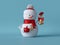 3d Christmas snowman standing, holding golden bell. Winter holiday clip art isolated on blue background. Funny festive character.