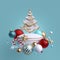 3d Christmas tree ornaments, isolated on blue background. Greeting card or poster. Winter holiday decor: festive glass balls,