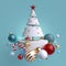 3d Christmas tree ornaments levitating, isolated on blue background. Winter holiday decor: festive glass balls, golden stars