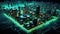 3d cityscape of motherboard components abstract background in black and neon turquoise colors