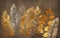 3d classic wallpaper. golden branches tree leaves in drawing on brown . for bedroom decor and carpet design
