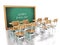3d classroom with chairs and chalkboard.