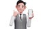 3d close up of businessman in gray office vest doing call me sign finger gesture with showing phone