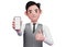 3d close up of businessman in gray office vest give thumbs up and showing phone screen to the camera