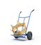 3d close-up rendering of big golden crown on blue hand truck.