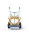 3d close-up rendering of big golden crown on blue hand truck.