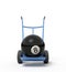 3d close-up rendering of black bowling ball on blue hand truck.
