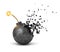 3d close-up rendering of black metal round bomb with lit fuse starting to dissolve into particles on white background.