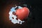 3d close-up rendering of cute red valentine heart punching big hole in black wall with blue sky seen through hole.