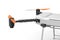 3d close-up rendering of part of light gray quadcopter with camera, standing half-turned, on white background.