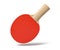 3d close-up rendering of ping pong racket with wooden handle and red rubber in air on white background.