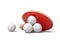 3d close-up rendering of several ping pong balls forming little pyramid covered with racket and one ball lying aside on