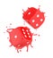 3d close-up rendering of two red melting dice splashing red plastic around isolated on white background.