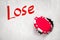 3d close-up rendering of white wall with title `Lose`, hole and red casino chip in this hole.