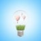 3d closeup rendering of electric bulb with green grass and three striped hot-air balloons inside on light-blue