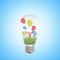 3d closeup rendering of lightbulb and green grass, white gift box and colorful balloons inside it, on light-blue