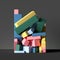 3d colorful geometric shapes isolated on black, abstract background, stack of cubes, assorted primitives