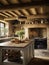 3D. Contemporary kitchen design using old wood and stone walls