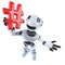 3d Cool robot mechanical man holding a hashtag symbol