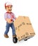 3D Courier delivery man pushing a hand truck with boxes