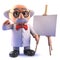3d crazy mad scienist professor standing in front of a blank easel