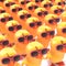 3d A crowd of yellow birds all wearing pink sunglasses
