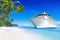 3D cruise ship at a tropical beach paradise in Samoa.