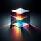 3D cube with refraction and holographic effect light on dark background