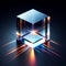 3D cube with refraction and holographic effect light on dark background