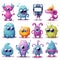 3D Cute cartoon monsters. Comic halloween joyful monster characters. Funny devil, ugly alien and smile creature flat vector set