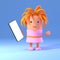 3d cute and funny cartoon girl in pink dress holding a smartphone tablet device