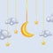 3D cute golden moon crescent toy with cloud and hanging star concept for sweet dream lullaby