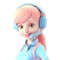 3d cute icon young female call center agent with headset. Smiling cartoon woman operator in headphones with mic working in office