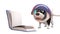 3d cute puppy dog wearing astronaut spacesuit reading a book in zero gravity, 3d illustration