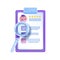 3D CV job person card, employee profile icon, digital interview resume checklist on clipboard, magnifier.