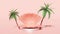 3d cylinder stage podium empty with shellfish, coconut palm tree isolated on pink. modern stage display, minimalist mockup,