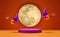 3d cylinder stage podium, halloween pumpkin holiday party with full moon, megaphone, witch hat isolated on orange background.