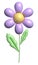3d daisy flower in cartoon style. Cute purple chamomile with leaves. 3d rendering lilac spring illustration. Suitable