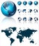 A 3d dark blue world map on shiny icon design with four different views