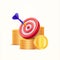 3d dart hit on center of target with stacks of coins, isolated on background. Concept for success business goal, trading
