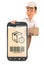 3d delivery man standing behind smartphone with package