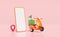 3d delivery orange scooter, green food box with smartphone, mobile phone, pin, flag isolated on pink background. phone template,