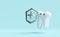 3d dental molar teeth model icon with transparent shield, cross  isolated on blue background. tooth decay prevention, health of