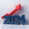 3D depiction of 2024 in bold blue numbers with upward red arrow symbolizing growth