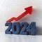 3D depiction of 2024 in bold blue numbers with upward red arrow symbolizing growth