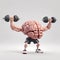 A 3D depiction of a brain character lifting weights, embodying mental strength, memory, and intelligence, showcasing the essence